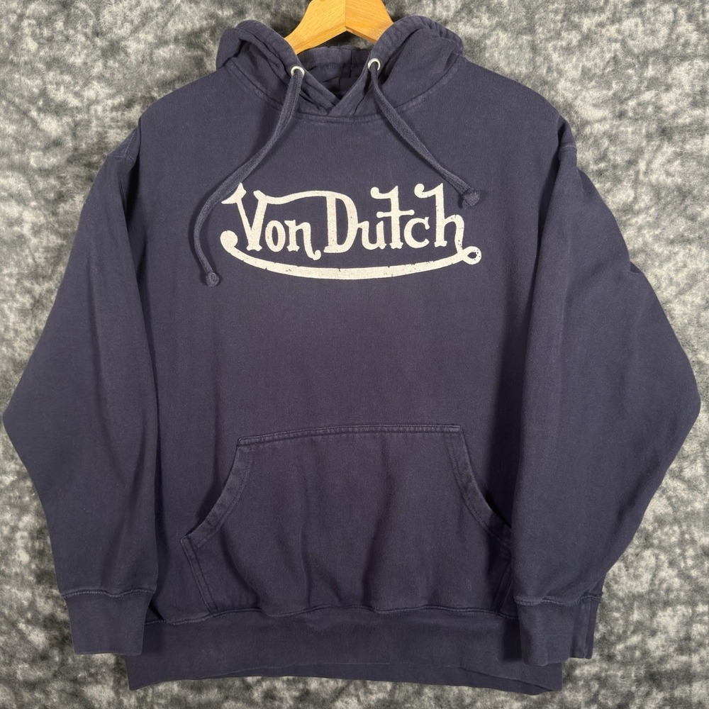 Vintage Von Dutch Hoodie Mens Large Blue Big Logo Y2K Streetwear Retro Pullover